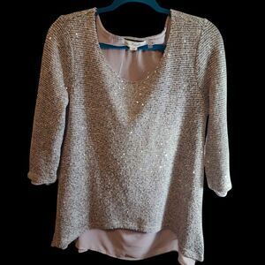 SIMPLY NOELLE SEQUINED SILVER SWEATER TOP SIZE SMALL MEDIUM 8-10 RELAXED LINED